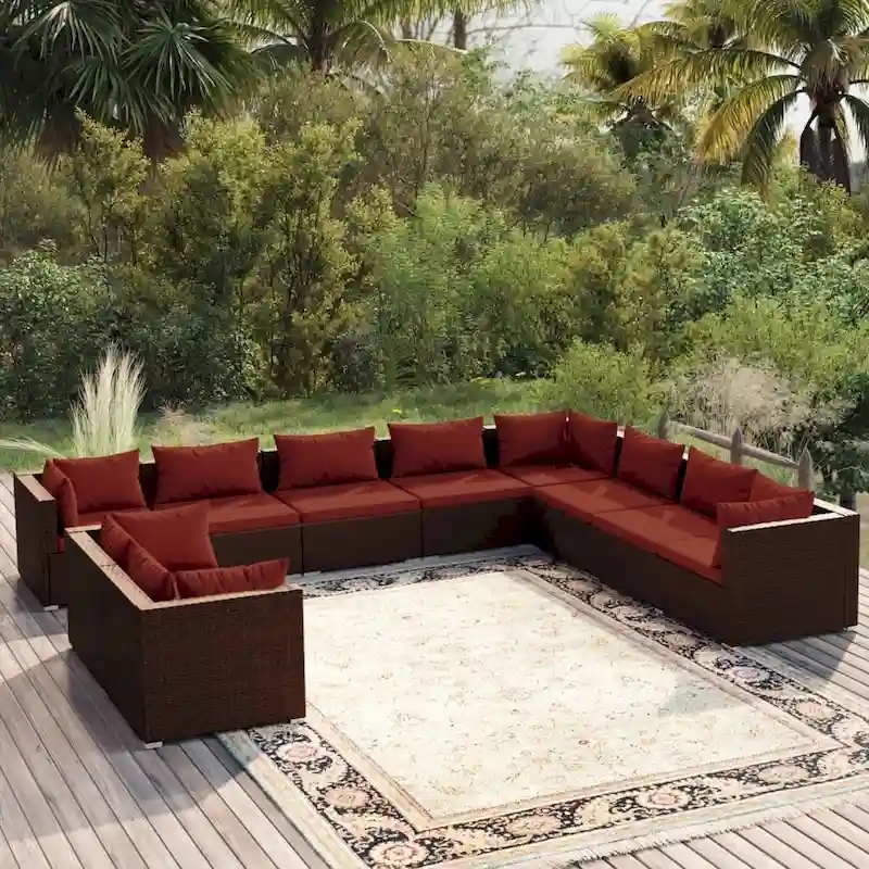 vidaXL Patio Lounge Set with Cushions Brown Poly Rattan - 27.6  x 27.6  x 24  - 27.6  x 27.6  x 24
