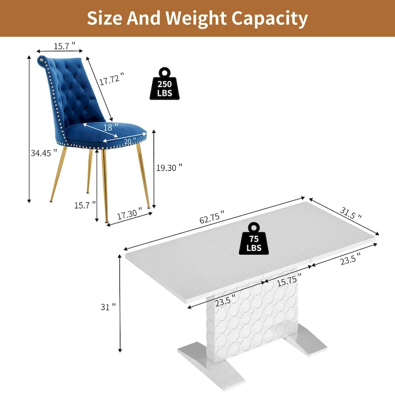 7-Piece Clihome High-gloss Extendable Table Velvet Chair Dining Set