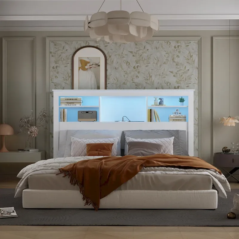 65Timechee Queen Bookcase Headboard RGB Light Adjustable Shelf