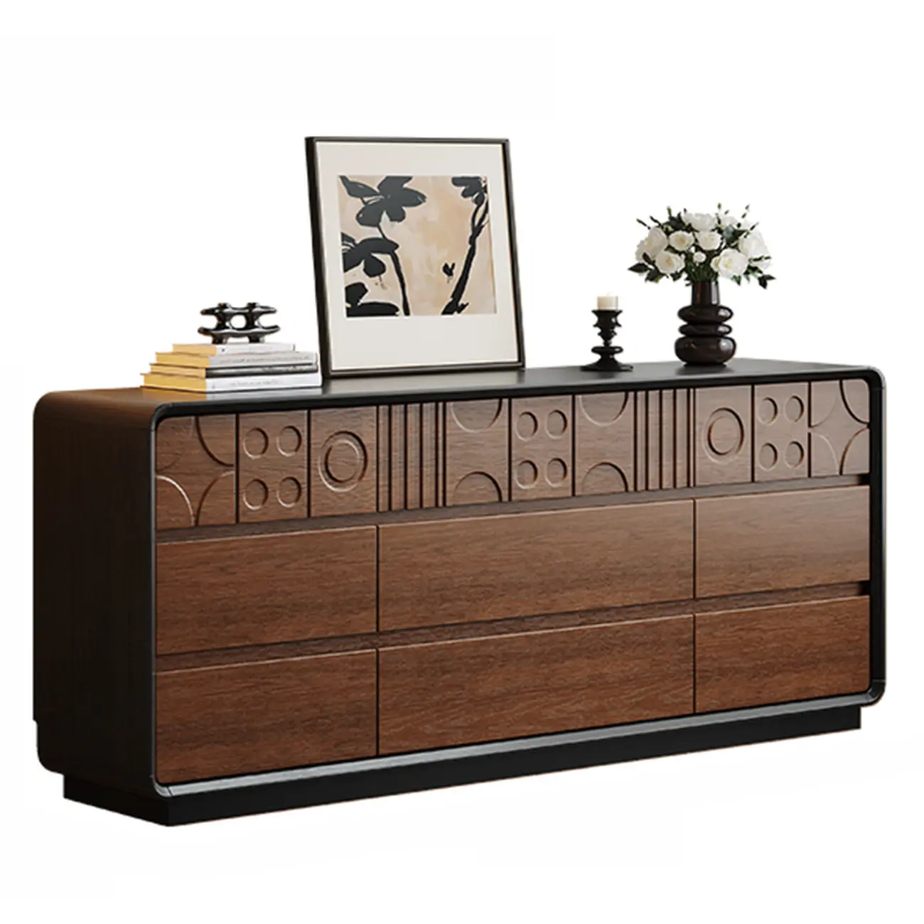 Art Deco Inspired Wood Dresser with Geometric Carvings
