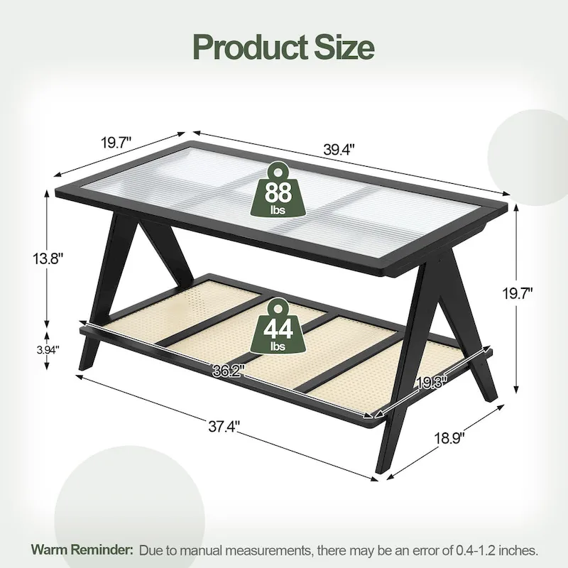 2-Tier Rectangular Coffee Table, Glass Top Sofa Table - 39.4 L x 19.7 W x 19.7 D