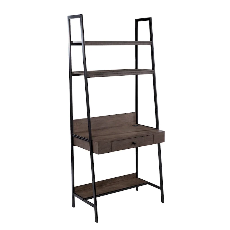 Ladder Desk - Gray Wood, 3 Shelves, 1 Drawer, Wireless Charger, Industrial, 33W x 75.25H