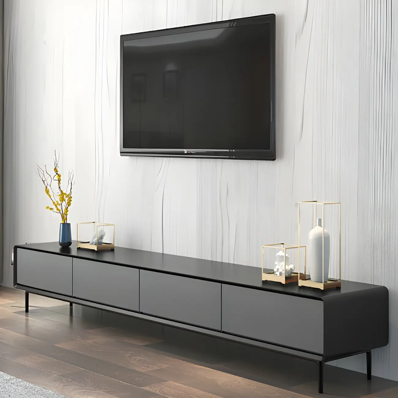 4-Drawer Elegant Grey Long Wooden TV Stand with Legs
