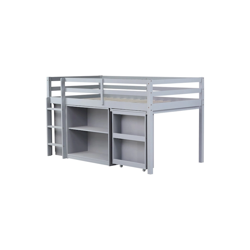 Twin Loft Bed with Pull-Out Desk, 3-Drawer Cabinet & Shelves