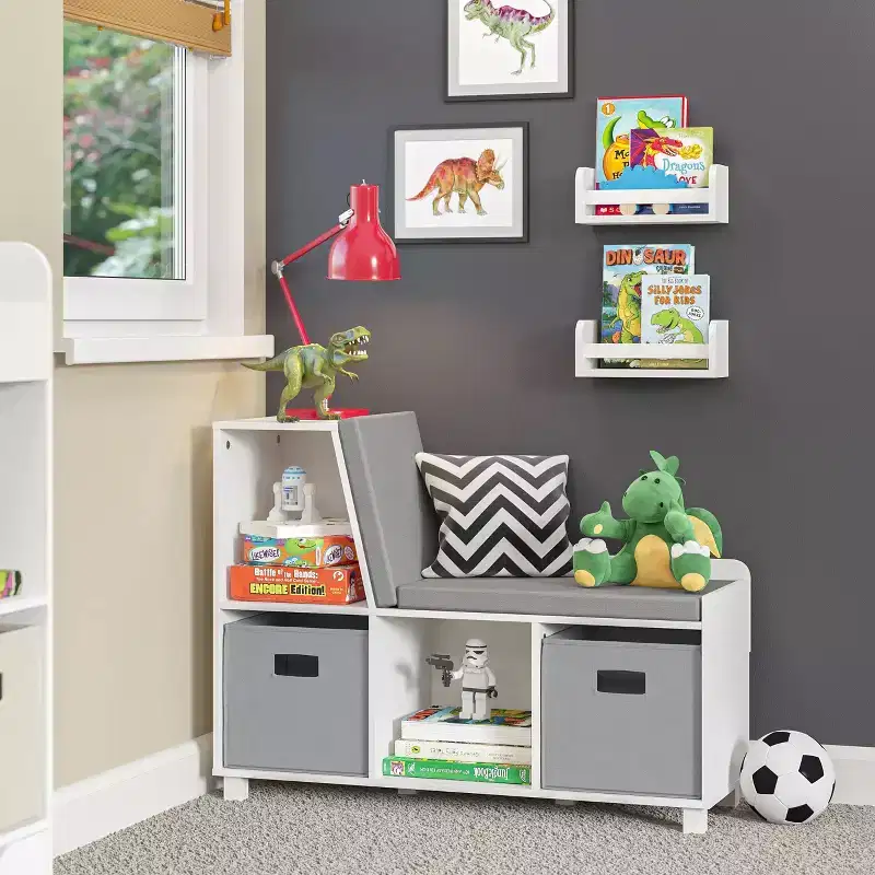 Kids' Reading Nook Cushioned Toy Storage Bench with Cubby Organizers and 2 10