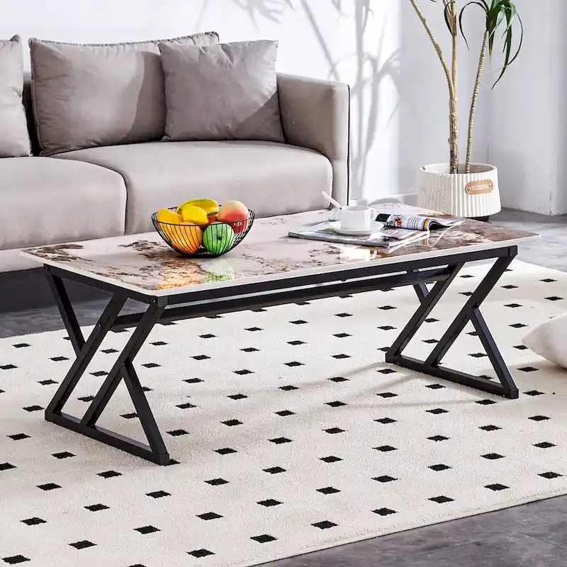47 Modern Rectangular Coffee Table with Sintered Stone Tabletop and X-shaped Metal Legs