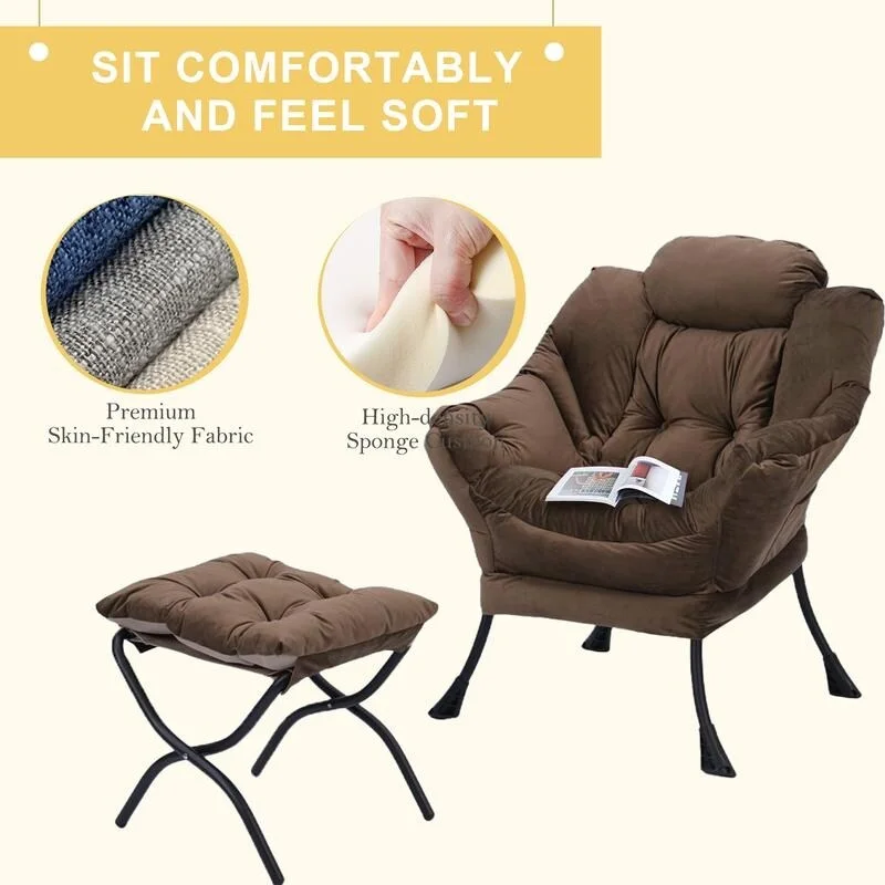 Modern Cotton Thick Padded Lazy Chair With Folding Ottoman