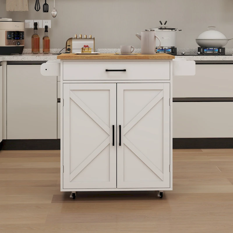 Kitchen Trolley Carts On Wheels Rolling Kitchen Island Cart W/Rubber-wood Countertop, With 1 Drawer 2 Doors, Towel Rack