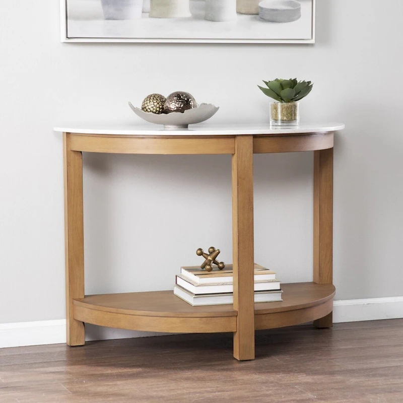 White Faux Marble Half Circle Console Table with Shelf and Wood Base - 41.75 L x 20 W x 30.25 H