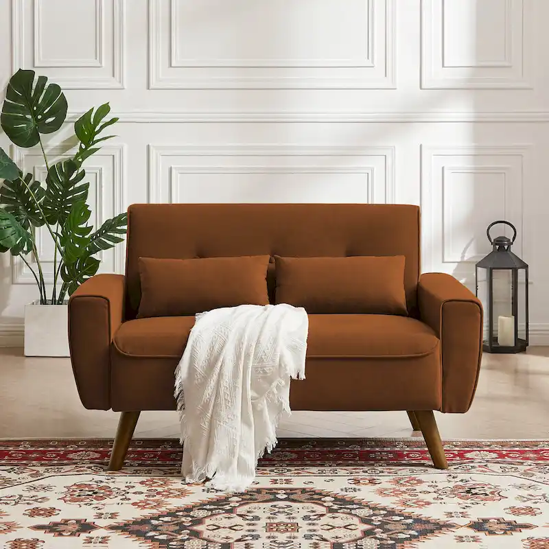 48.82 Small Tufted Loveseat Sofa with 2 Pillows and Tapered Wood Legs