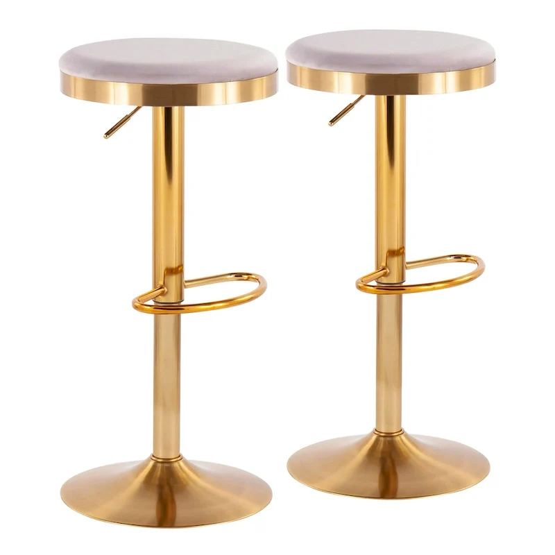 Gold Steel Barstool with Upholstered Seat - Set of 2 - Adjustable Height 23-31.75H