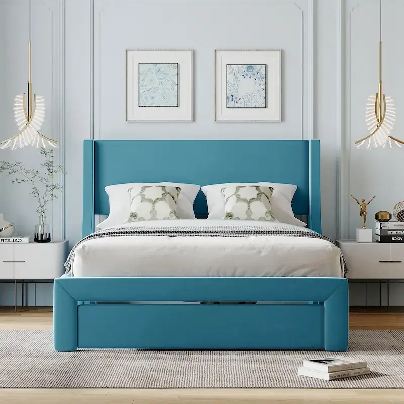 Full Size Storage Bed Velvet Upholstered with a Big Drawer