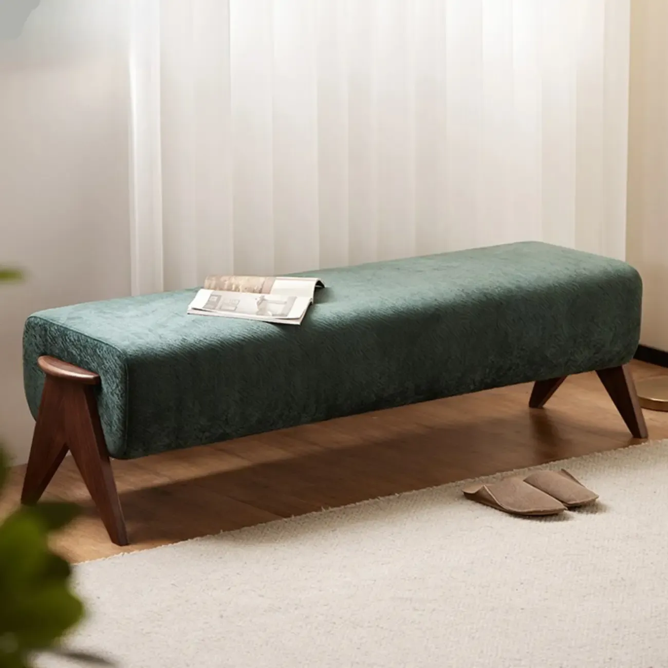 Modern Emerald Green Upholstered Bedroom Bench