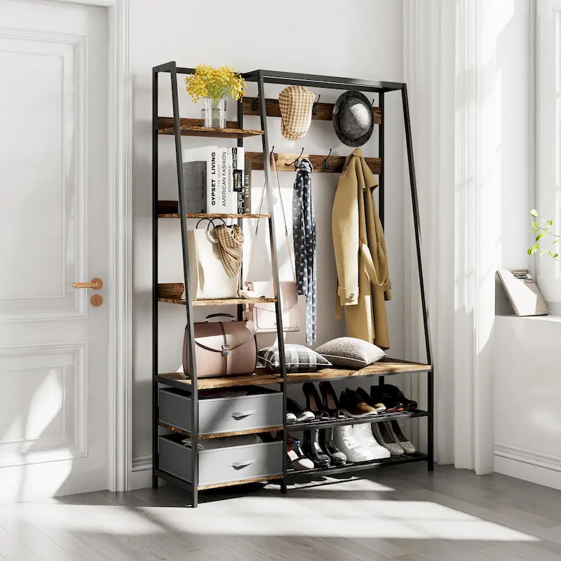 Hall Tree with Bench and Shoe Storage 6 in1 Entryway Organizer