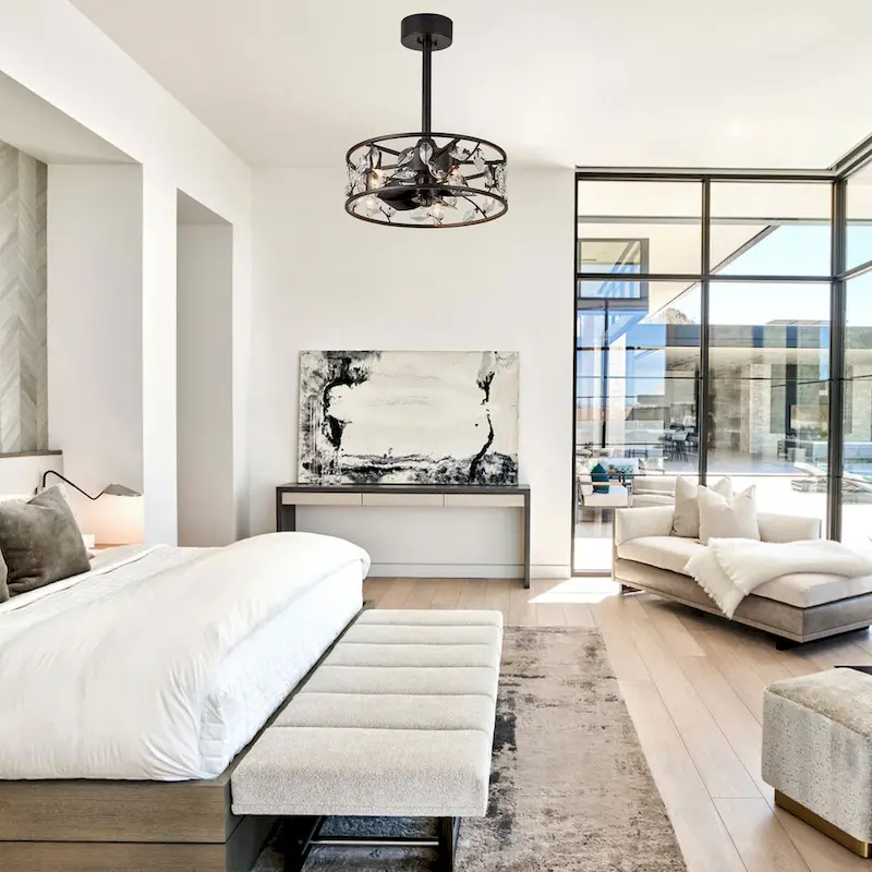 Cusp Barn 18in. Modern Crystal Caged Ceiling Fan With Light, Industrial Metal Shade Reversible 6-Speed Ceiling Fan With Remote