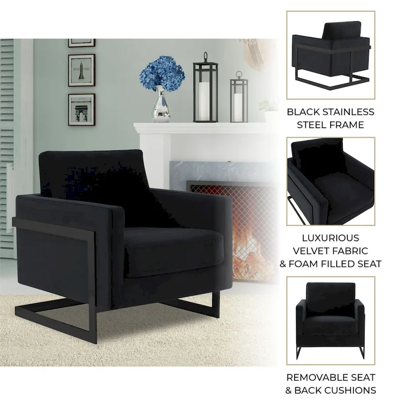 LeisureMod Lincoln Modern Velvet Arm Chair with Black Steel Frame - 35