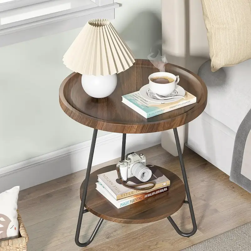 2-Tier Round Side Table, Wooden End Table with Metal Legs