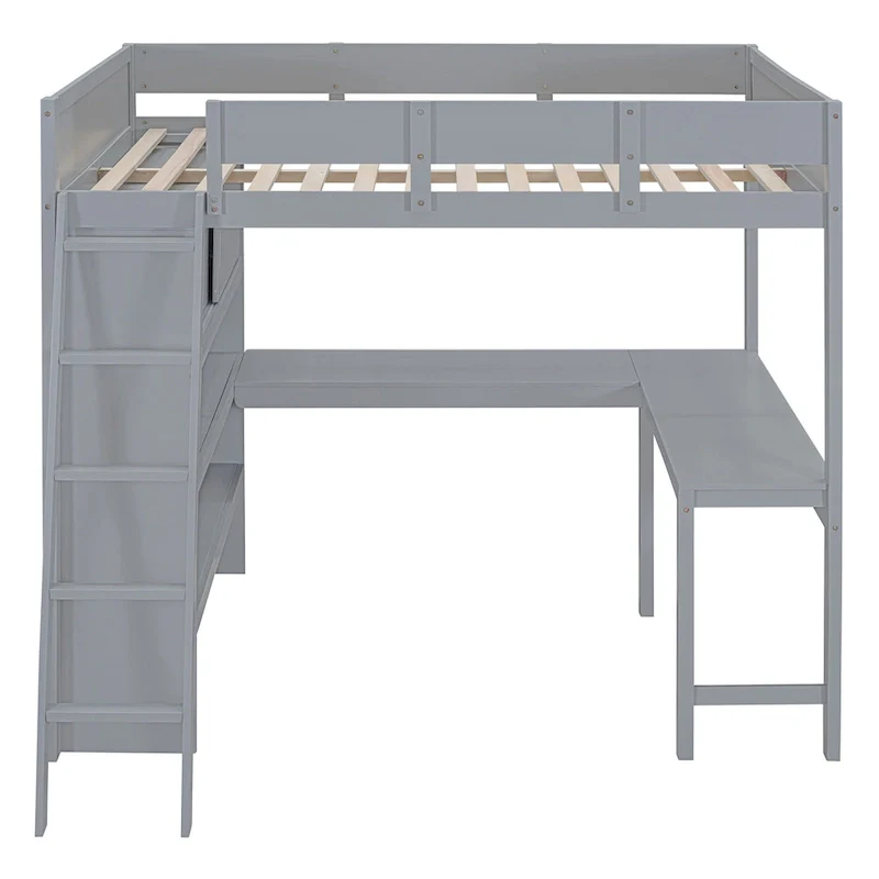 Gray/White Full Size Loft Bed with Desk & Shelf – 1 Person