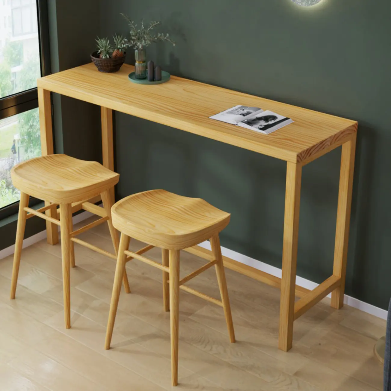 Natural Pine Wood Pub Bar Table with Footrest for 3 People