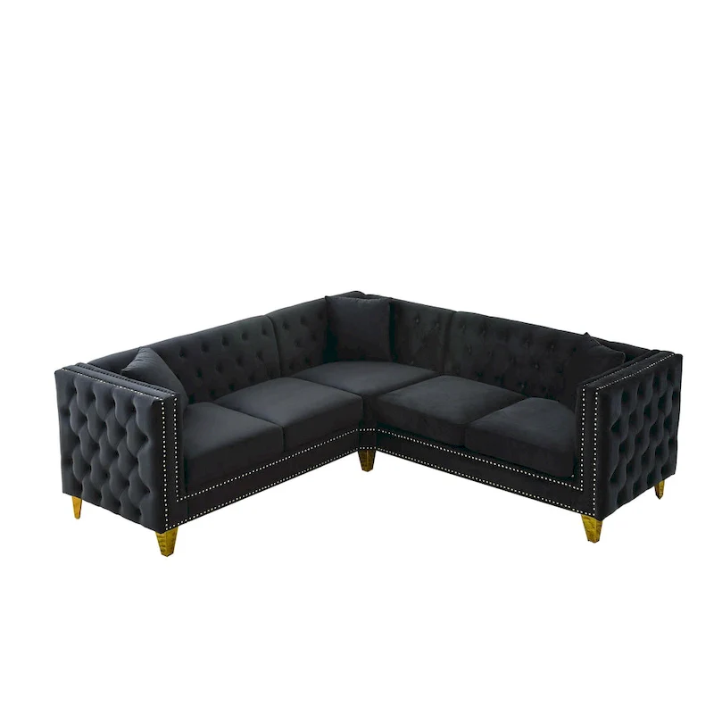 Black Velvet Chesterfield 5-Seater L-Shaped Sectional Sofa
