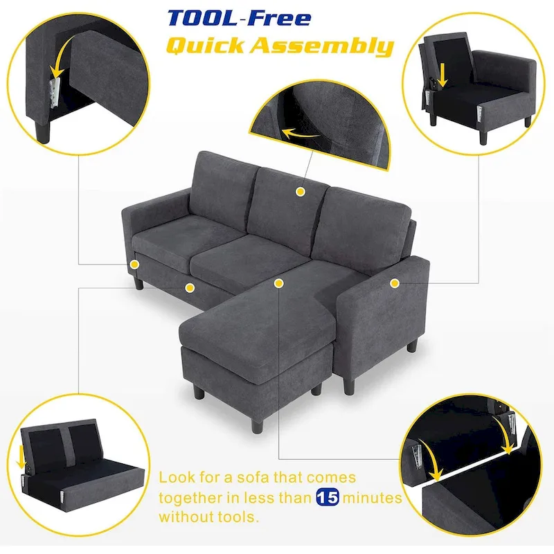 Futzca Linen Upholstered L-shaped Sectional Sofa w/ Reversible Chaise