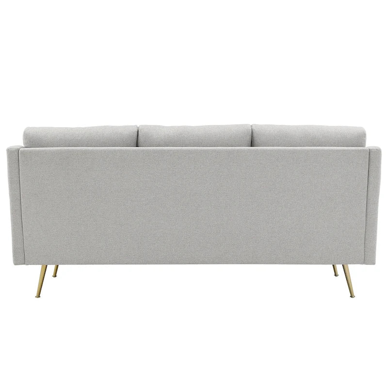 Mid-Century Modern Grey Fabric Sofa with Gold Metal Legs, 3-Seat Living Room Couch