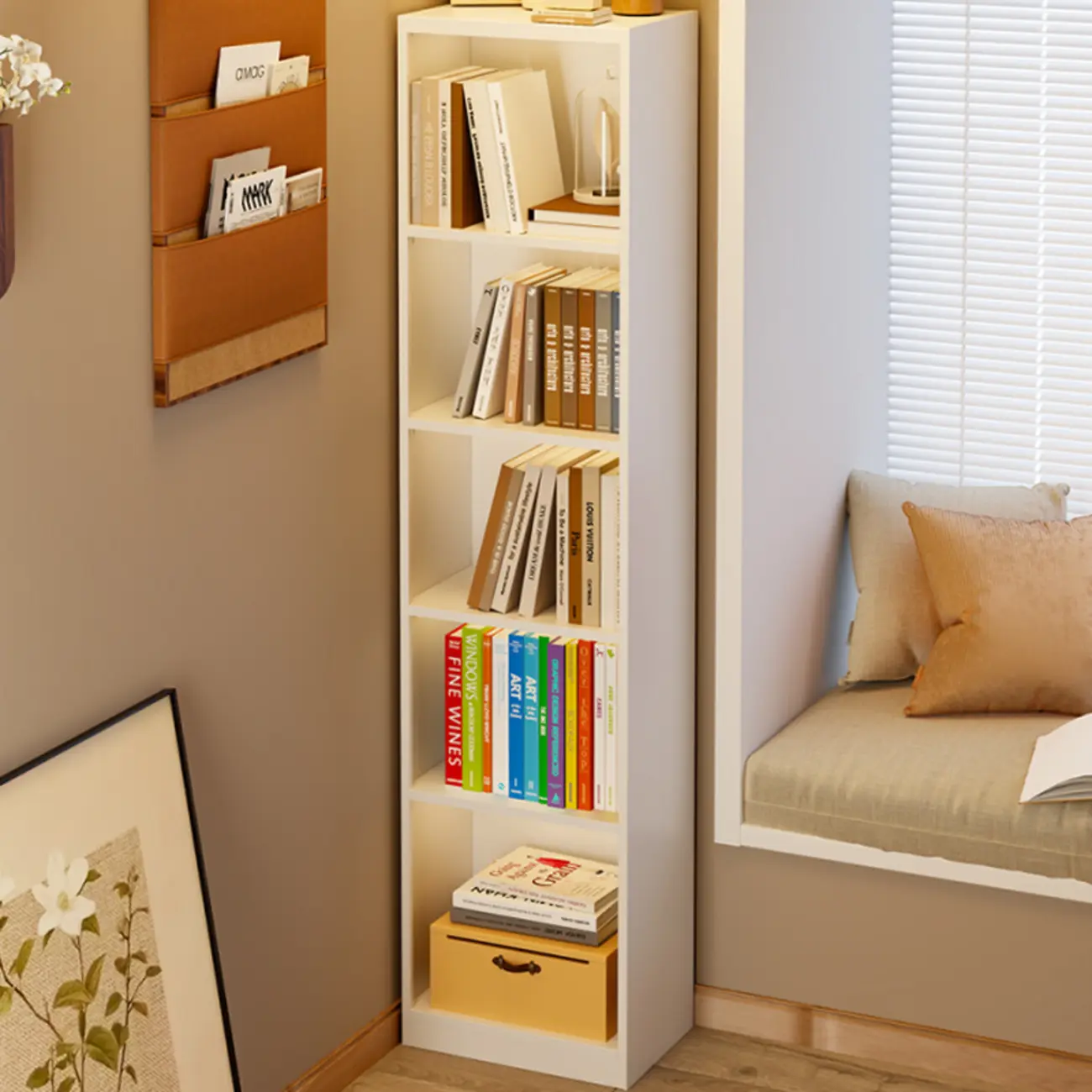 Narrow White Wooden Closed Back Tall Bookshelves
