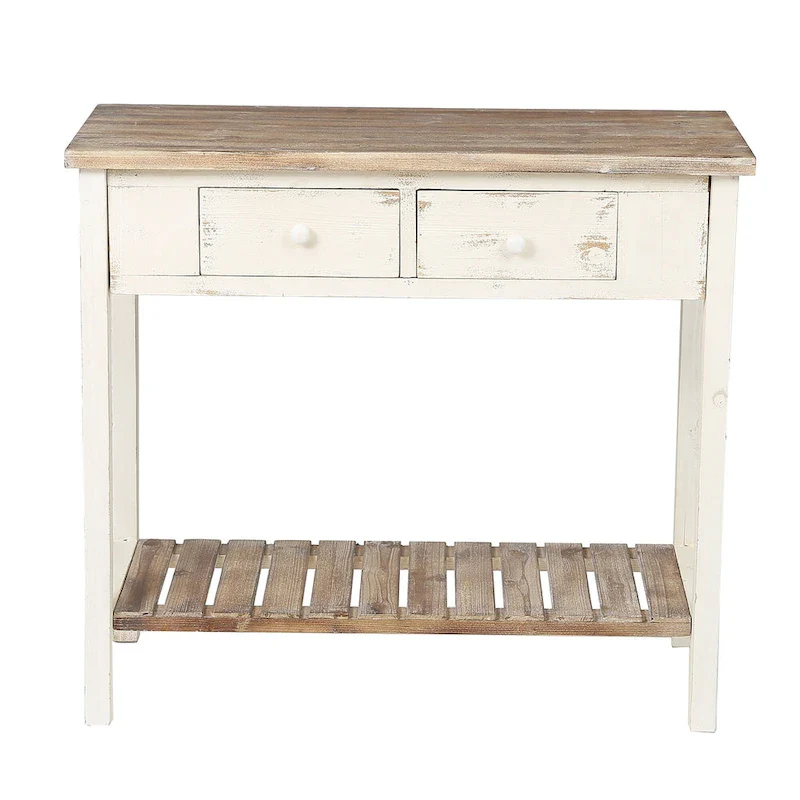 Distressed White and Brown Wood 2-drawer Console Table - 31.5H x 35.4 W x 15.55 D