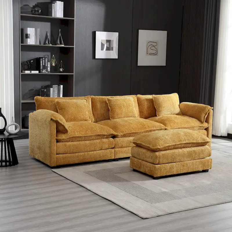 Yellow 112.2 L-Shaped 4-Seat Sectional Sofa in Modern Boucle Fabric with Removable Cushions and Detachable Armrests
