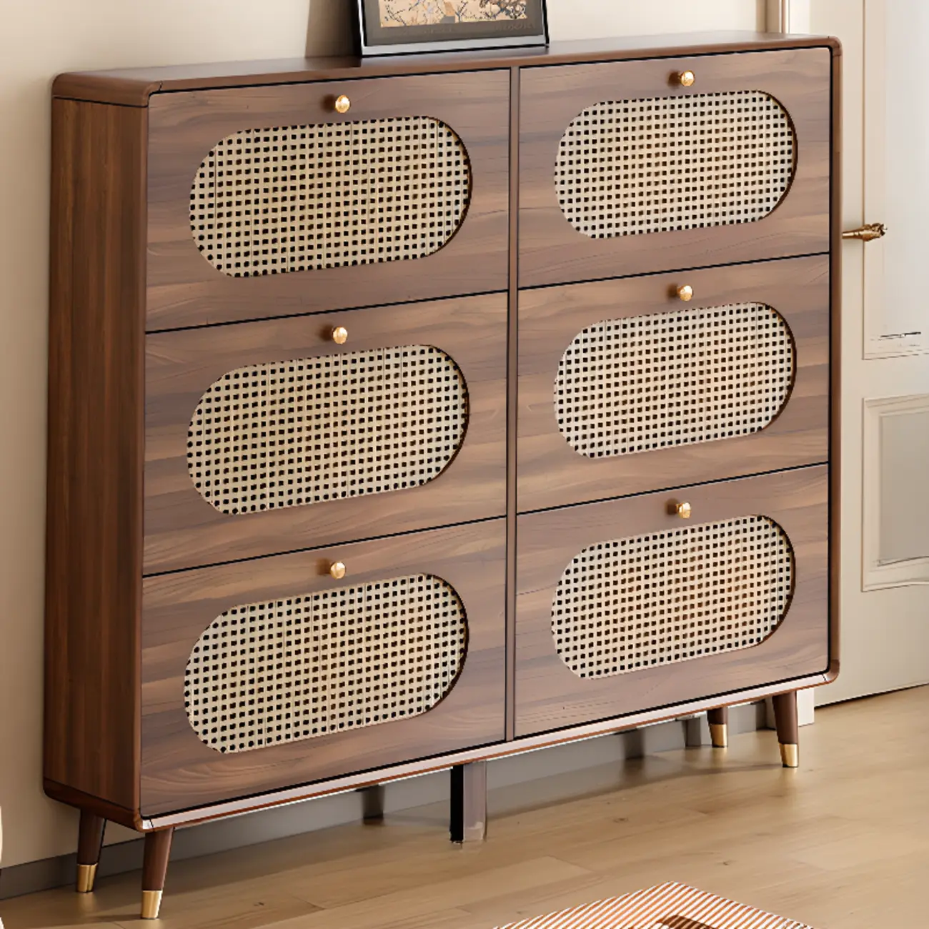 Bohemian Slim Brown Drop-Front Wood Shoe Cabinet