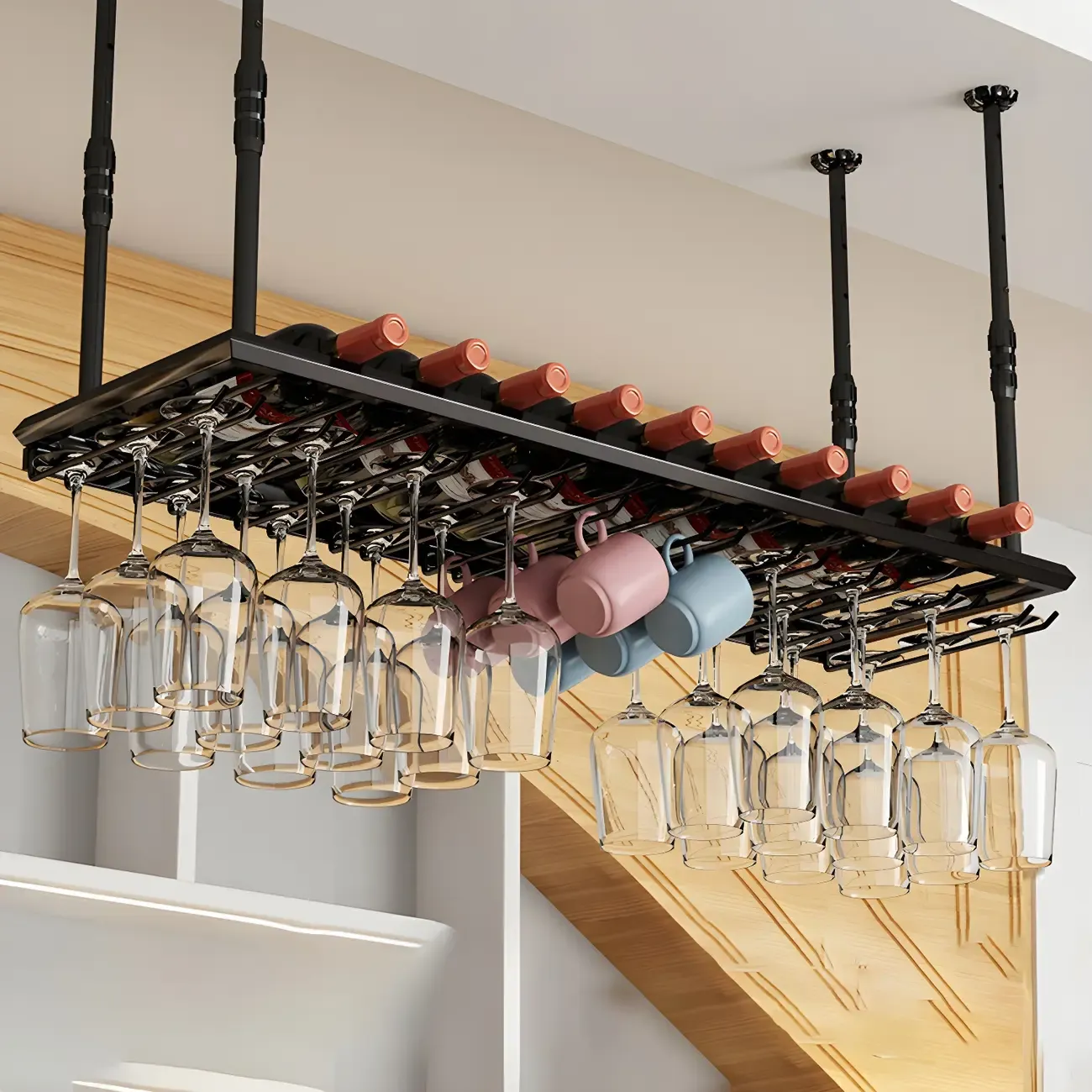 Industrial Metal Hanging Wine Rack with Glass Holder