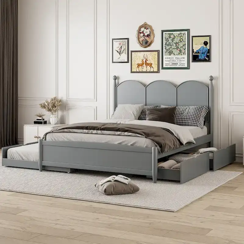 Queen Size Platform Bed with 2 Drawers, Multifunctional Storage Bed Frame with Twin XL Size Trundle