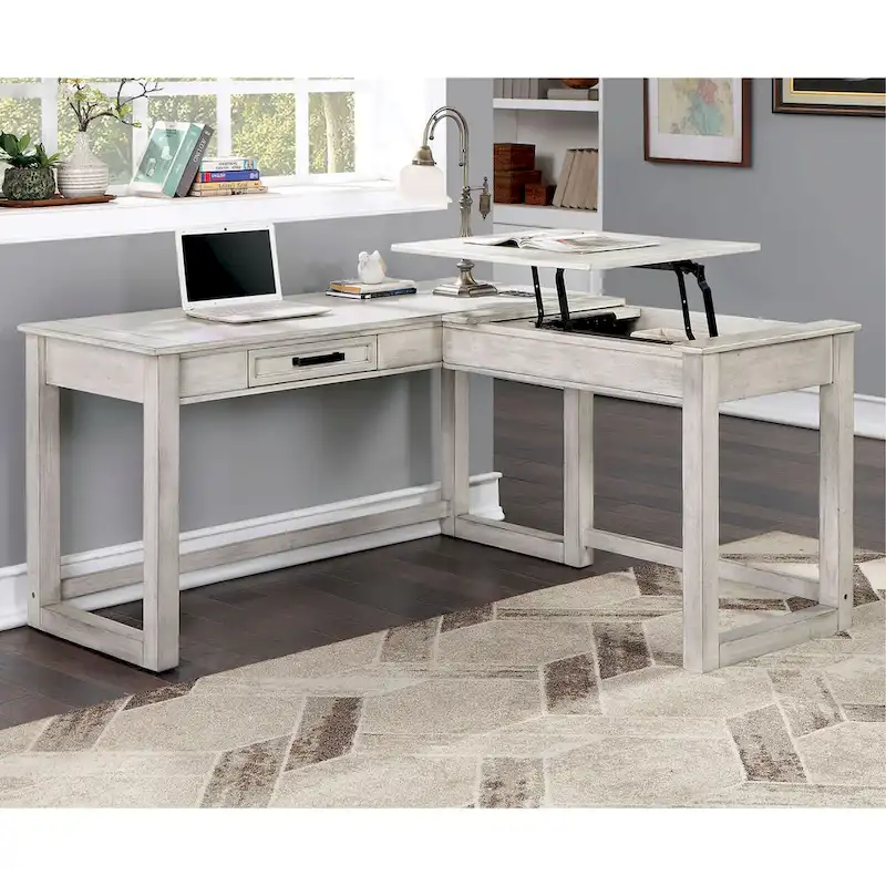 Farmhouse Antique White Wood Lift-Top Corner Desk with USB Port