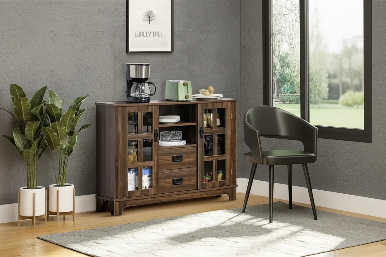 Grey / White / Walnut Sideboard Buffet Cabinet with Glass Doors & Adjustable Shelves