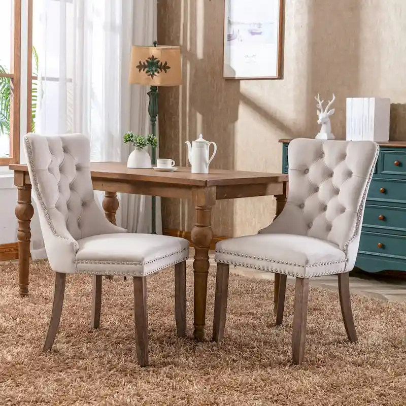Modern Set of 2 Velvet Tufted Dining Chair with Wood Legs and Nailhead Trim
