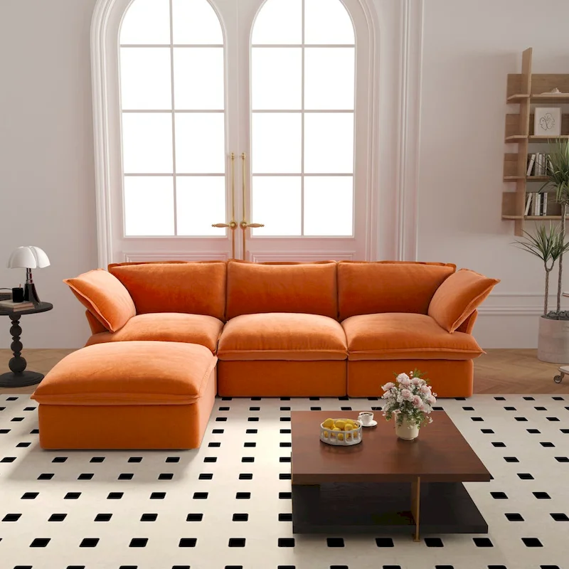 Cloud Sectional Sofa Down Feather Modular Couch L-shaped Velvet Wide Deep Seat Convertible Sofa.