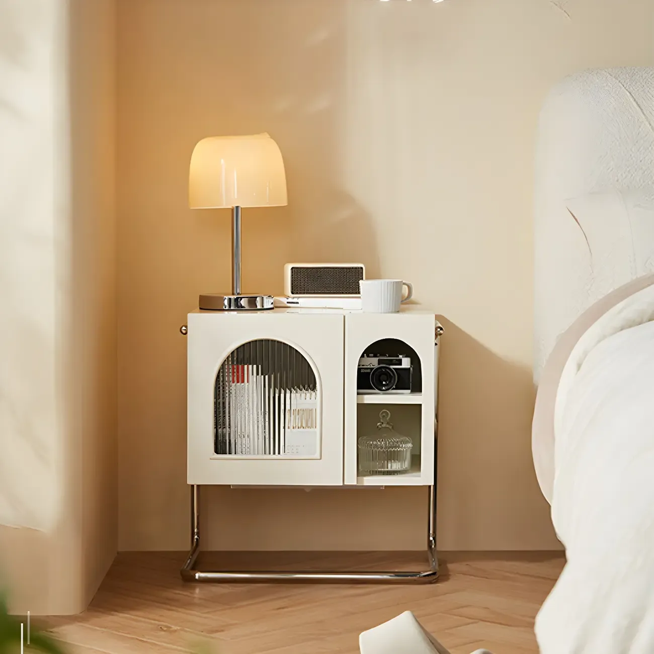 Narrow Cubic Wooden Black Nightstand in Steel Base