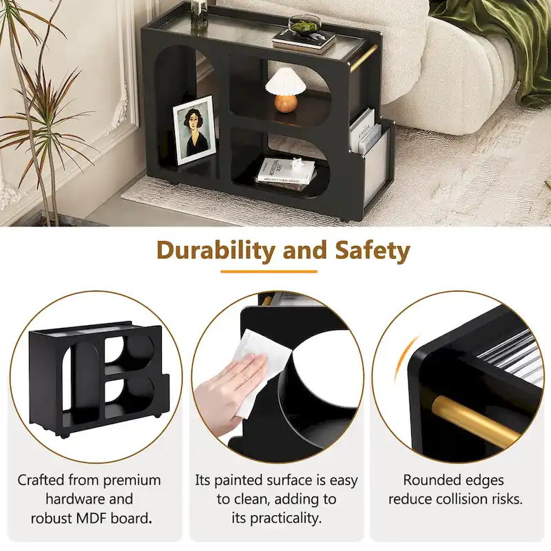 31.5 Modern Mobile End Table with 5mm Thick Fluted Tempered Glass, Lockable Wheels and Golden Round Rod