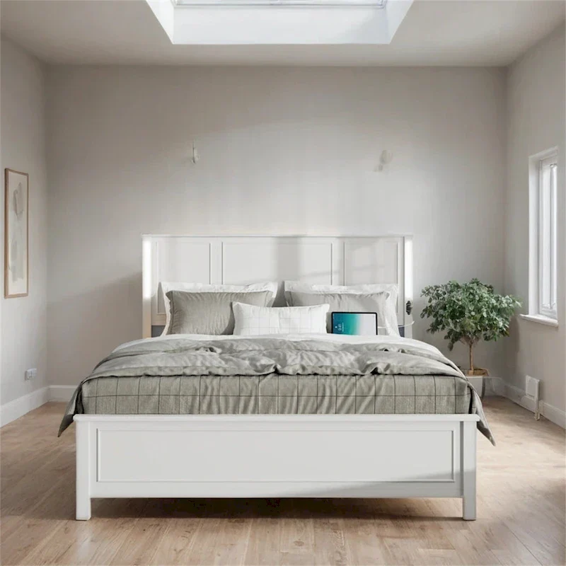 Queen Size LED Platform Bed with Wood Headboard and Charging Station