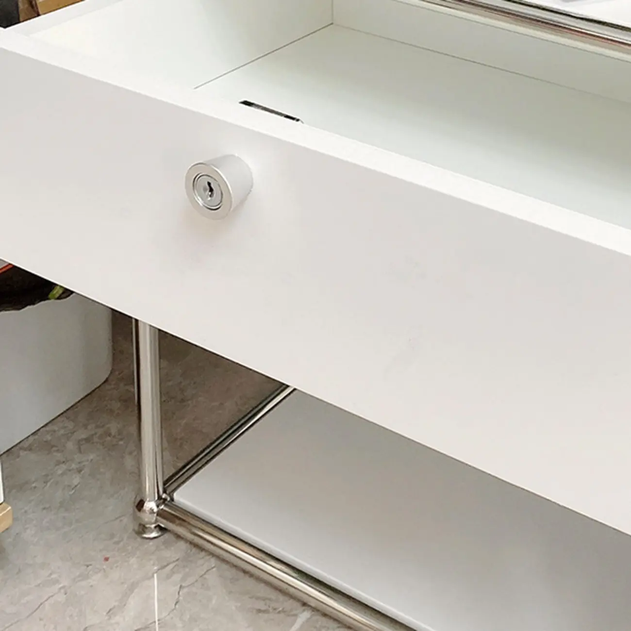 Modern Steel Nightstand with Drawer and Open Shelf