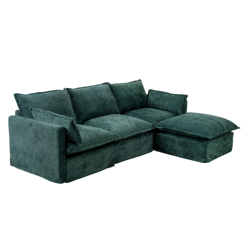 93.31 Faux Linen Modular Sectional Sofa with Movable Ottoman, Solid Wood Frame, and High-Resilience Foam Cushions