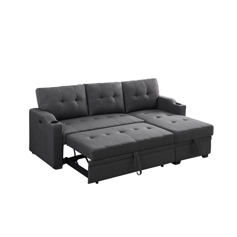 Mabel 83-inch Dark Gray Sleeper Sectional Sofa with Cup Holder, USB Charging Port, and Pocket - 83W x 54D x 35H