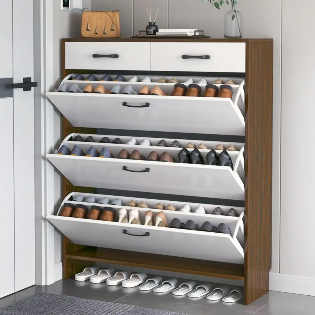 Hallway Wooden Shoe Storage Cabinet with Flip Doors