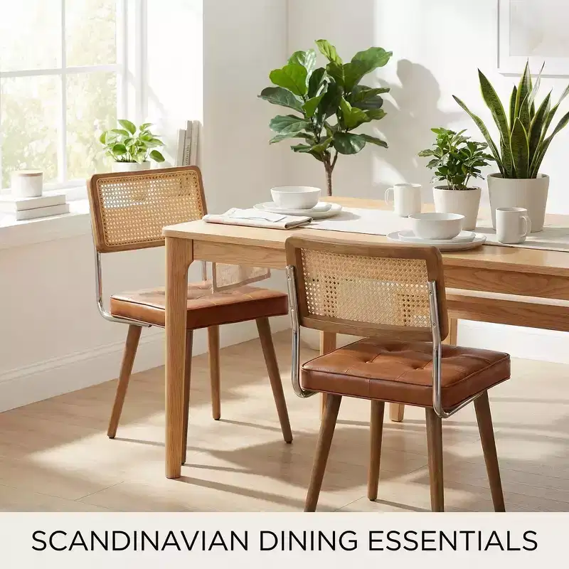 Natural Rattan Armless Dining Chair, Beige Linen, Set of 2