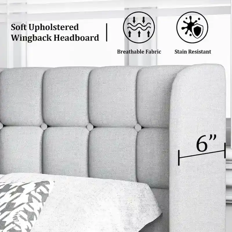 Upholstered Wingback Bed Frame with Wooden Slats