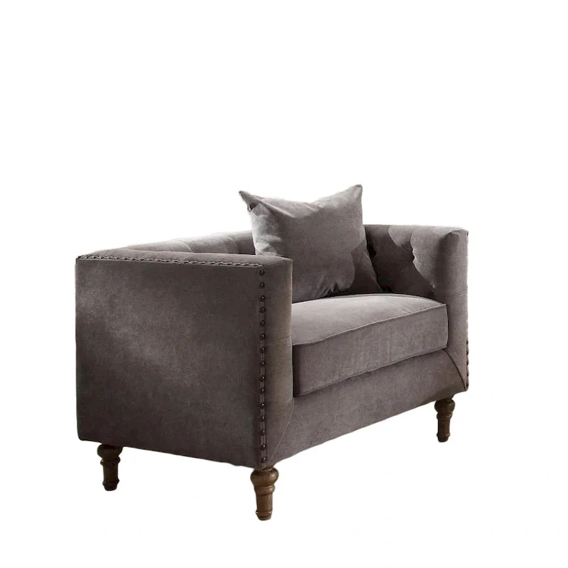 HomeRoots 41 Gray and Antiqued Brass Velvet Tufted Arm Chair And Toss Pillow - 41' X '31' X '34