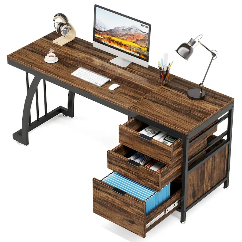 59-inch Wood/ Metal Computer Desk Writing Table with 3 Reversible Drawers