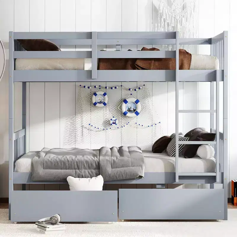 Okak 77.3IN Twin-Over-Twin Bunk Bed with 2 Storage Drawers, Mutifunction Bed Frames can Convertible into 2 Twin Beds for Bedroom, Kids Room, Gray