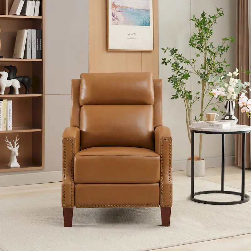 Genuine Leather Pushback Recliner with Multi-Angle Seat Back and Solid Wood Legs