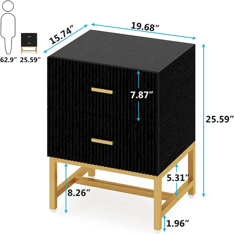 2-Drawer Nightstand, Modern Black and Gold Bedside Table for Bedroom